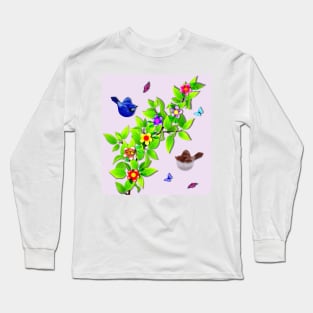 Cute Birds. Fairy Wren Couple and Butterflies Long Sleeve T-Shirt